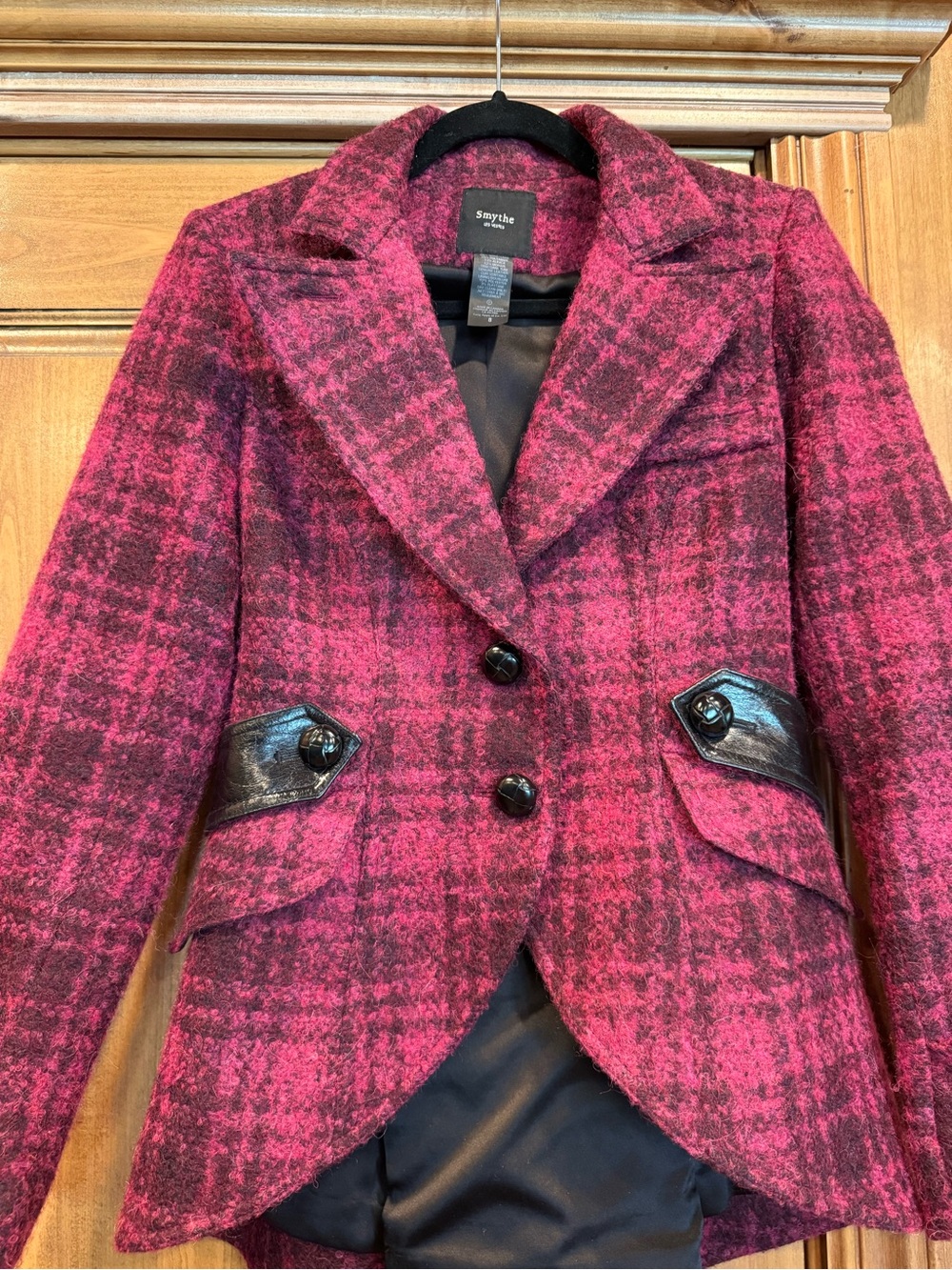 SMYTHE Les Vestes Burgundy Plaid Wool Blend Leather Trim Blazer Jacket Size 8 - Picture 2 of 4